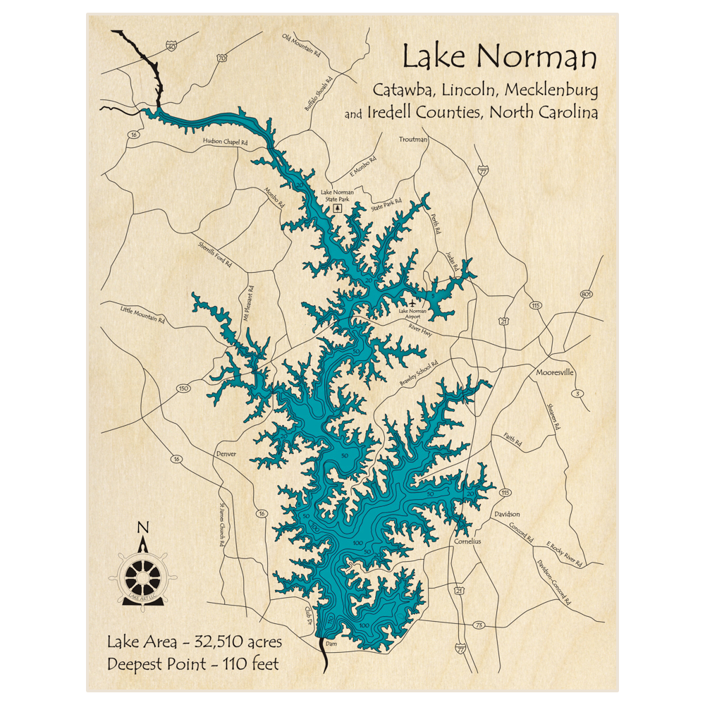 Bathymetric topo map of Lake Norman with roads, towns and depths noted in blue water