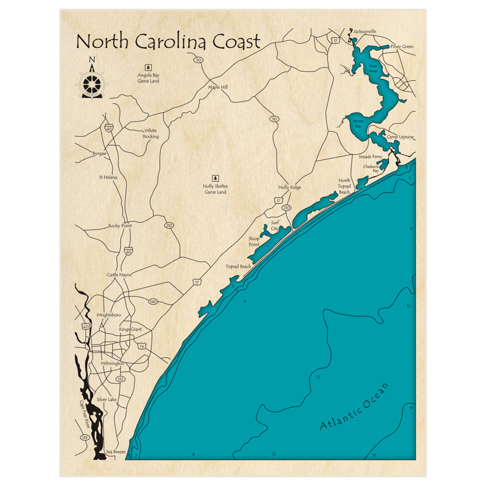 Bathymetric topo map of North Carolina Coast (From Camp Lejeune to Sea Breeze) with roads, towns and depths noted in blue water