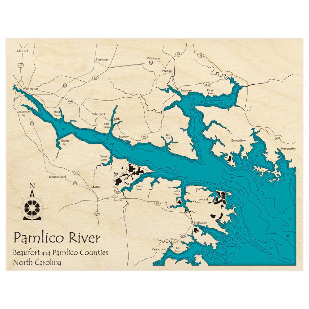 Bathymetric topo map of Pamlico River with roads, towns and depths noted in blue water