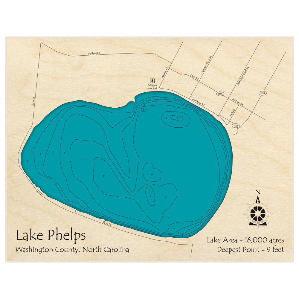 Bathymetric topo map of Lake Phelps with roads, towns and depths noted in blue water