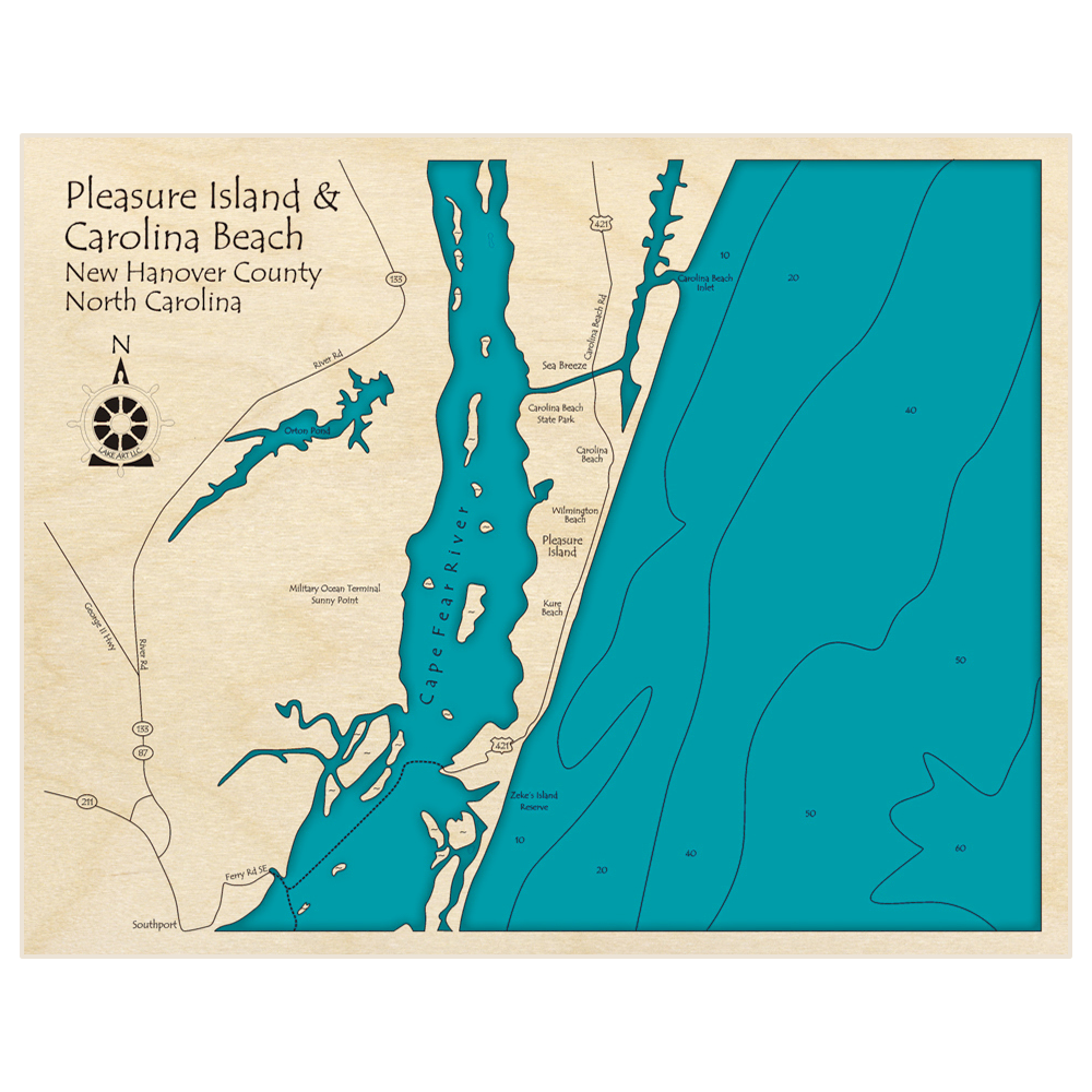 Bathymetric topo map of Pleasure Island - Carolina Beach with roads, towns and depths noted in blue water