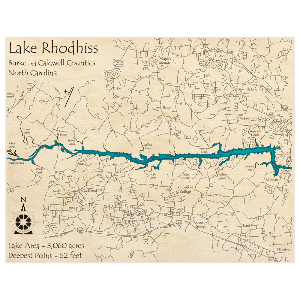 Bathymetric topo map of Lake Rhodhiss with roads, towns and depths noted in blue water