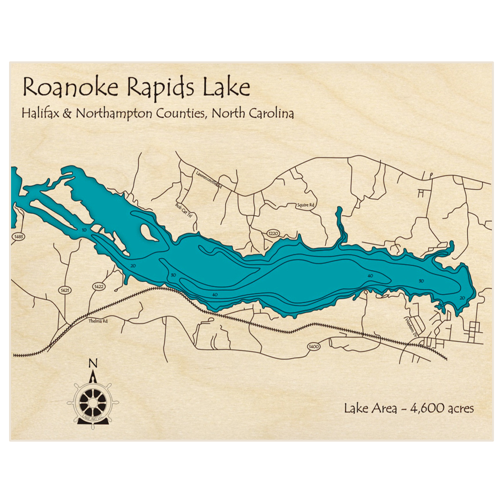 Bathymetric topo map of Roanoke Rapids Lake with roads, towns and depths noted in blue water