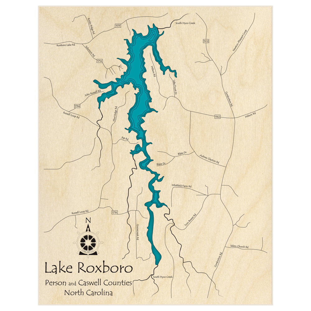 Bathymetric topo map of Lake Roxboro with roads, towns and depths noted in blue water
