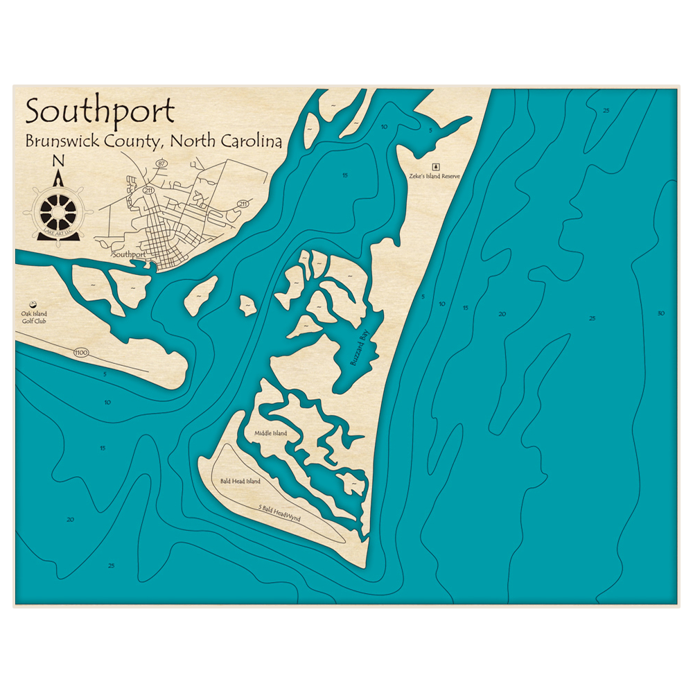 Bathymetric topo map of Southport with roads, towns and depths noted in blue water