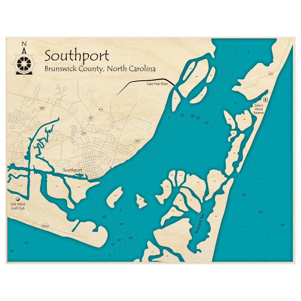 Bathymetric topo map of Southport (zoomed in) with roads, towns and depths noted in blue water