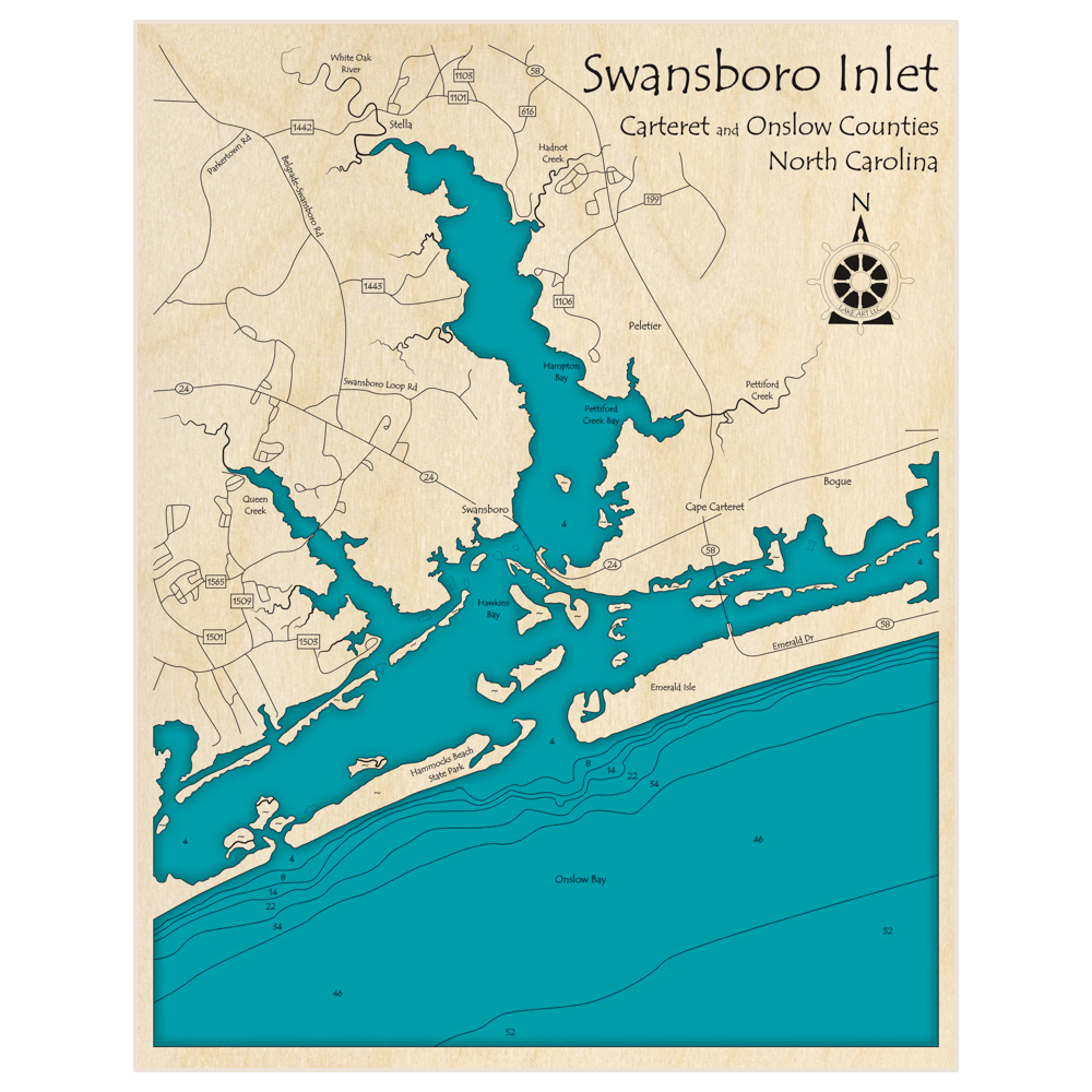 Bathymetric topo map of Swansboro Inlet with roads, towns and depths noted in blue water