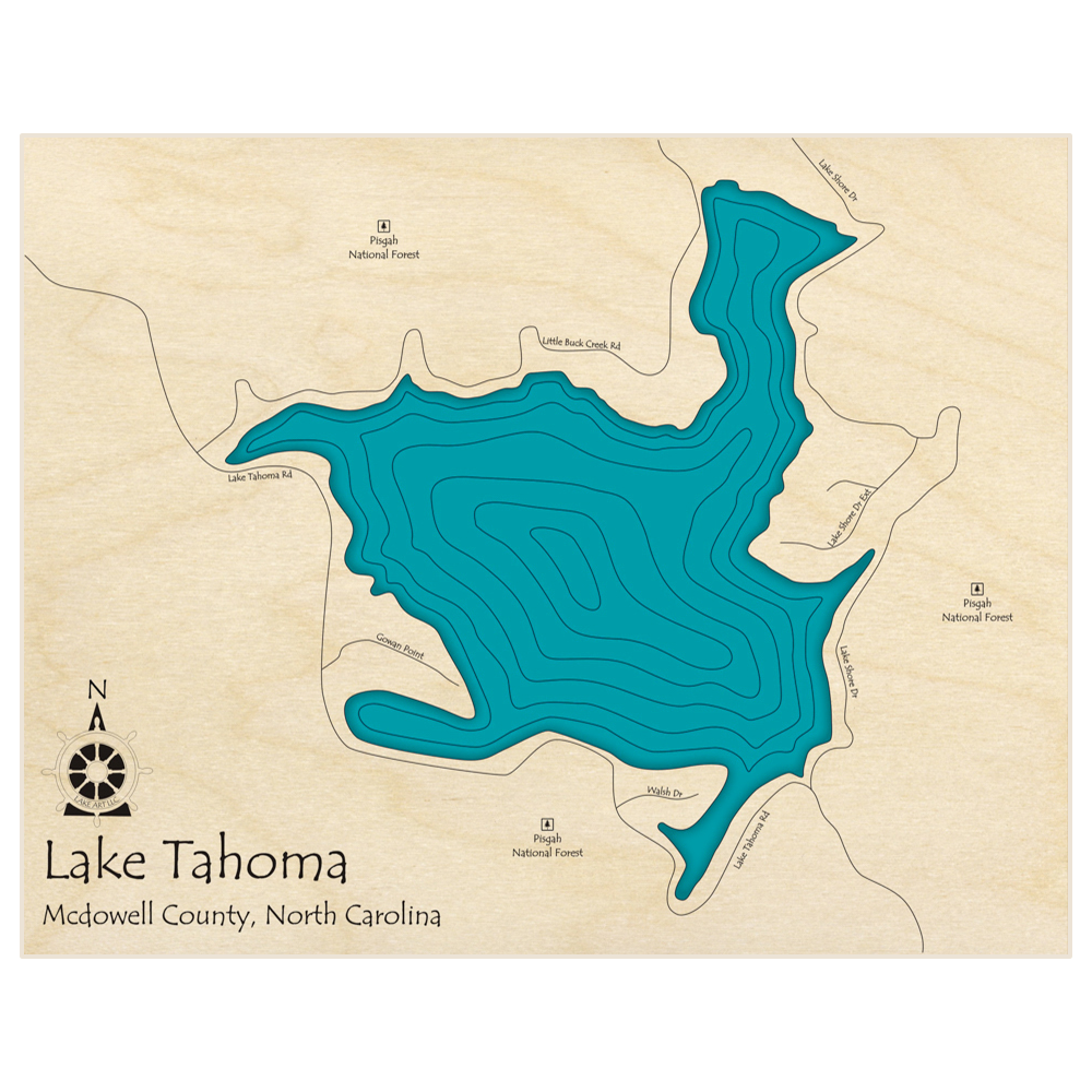 Bathymetric topo map of Lake Tahoma  with roads, towns and depths noted in blue water