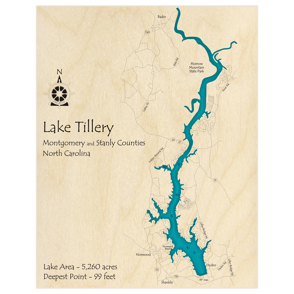 Bathymetric topo map of Lake Tillery with roads, towns and depths noted in blue water