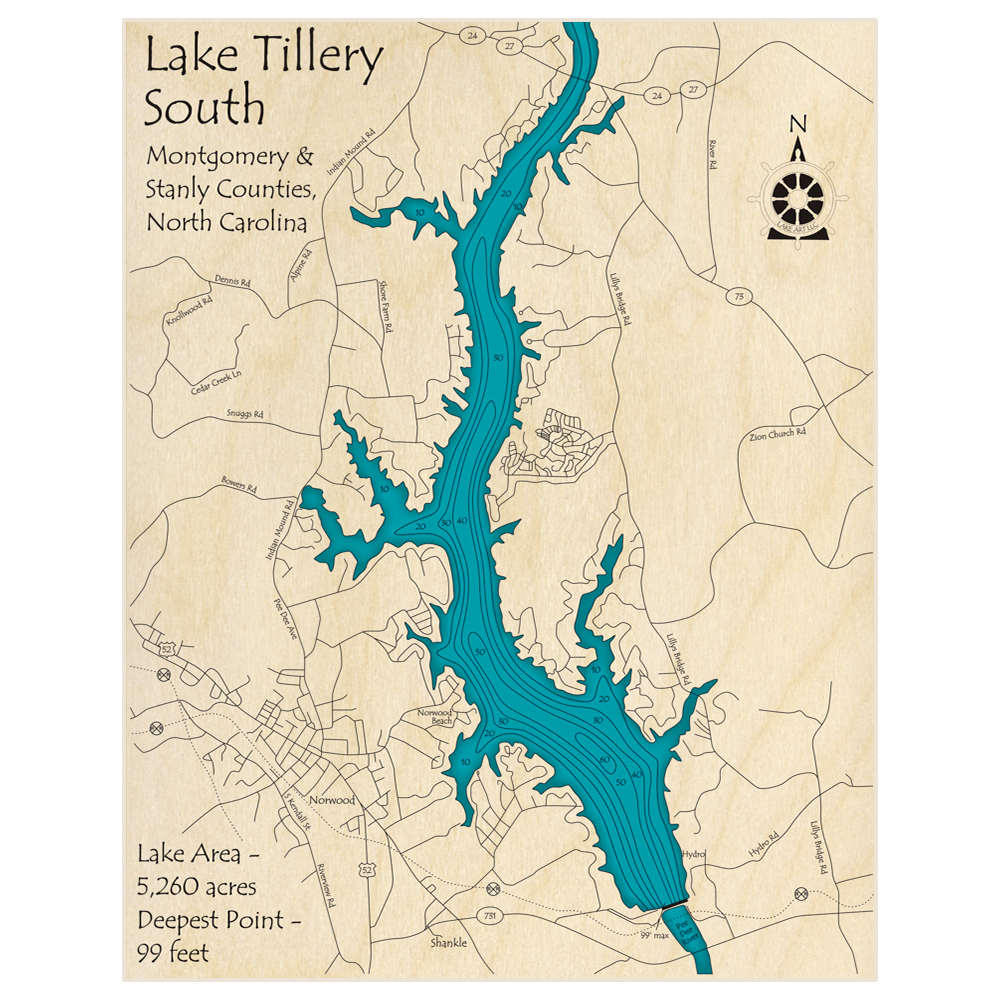 Bathymetric topo map of Lake Tillery (Southern Section) with roads, towns and depths noted in blue water