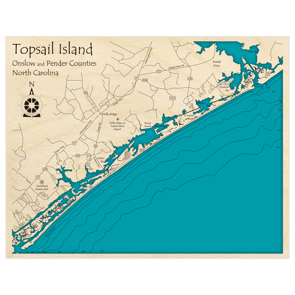 Bathymetric topo map of Topsail Island with roads, towns and depths noted in blue water