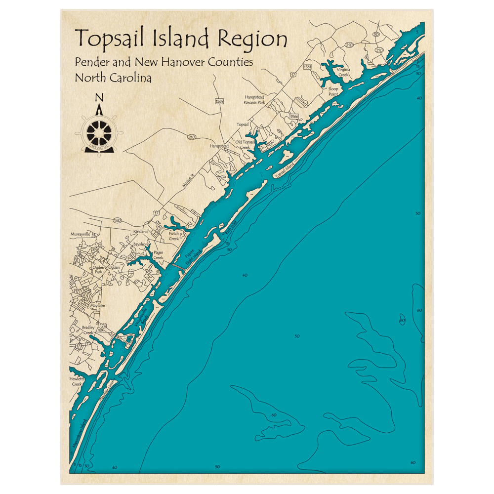 Bathymetric topo map of Topsail Island (Virginia Creek to Hewletts Creek) with roads, towns and depths noted in blue water