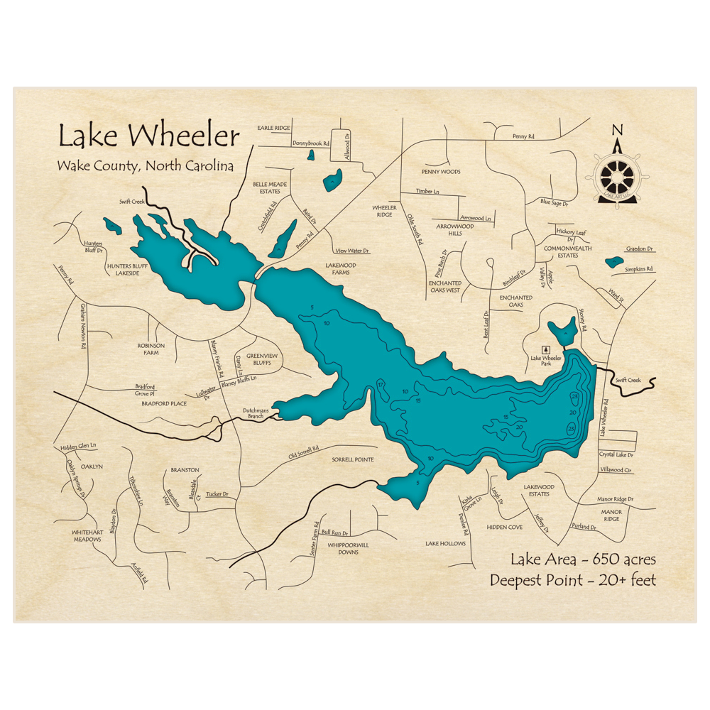 Bathymetric topo map of Lake Wheeler with roads, towns and depths noted in blue water