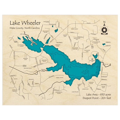 Bathymetric topo map of Lake Wheeler with roads, towns and depths noted in blue water