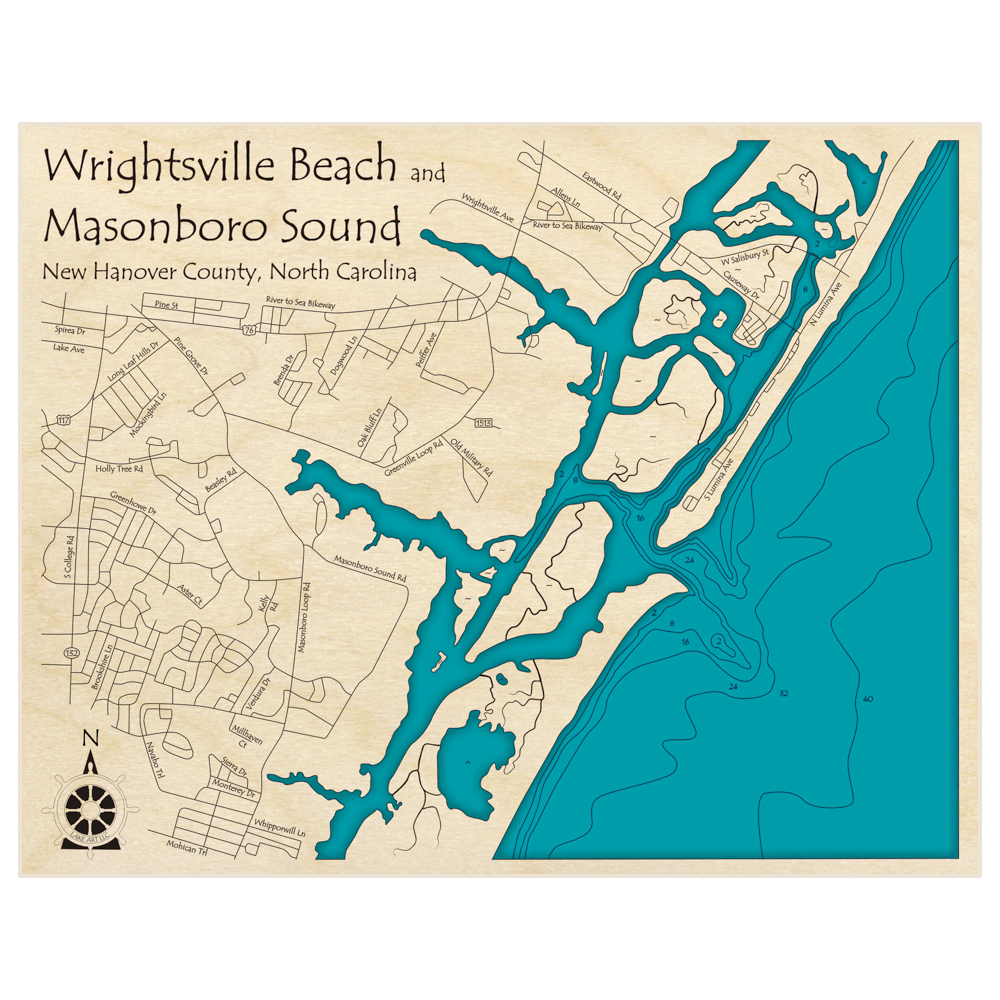 Bathymetric topo map of Wrightsville Beach and Masonboro Sound with roads, towns and depths noted in blue water