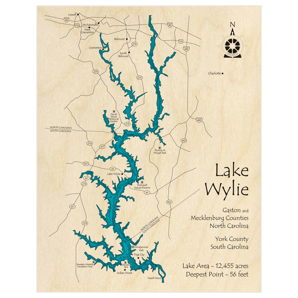 Bathymetric topo map of Lake Wylie with roads, towns and depths noted in blue water