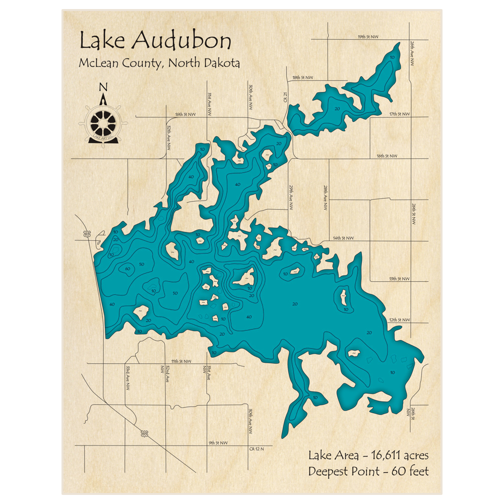 Bathymetric topo map of Lake Audubon with roads, towns and depths noted in blue water