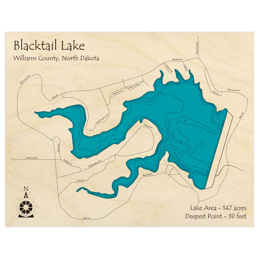 Bathymetric topo map of Blacktail Lake with roads, towns and depths noted in blue water