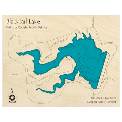 Bathymetric topo map of Blacktail Lake with roads, towns and depths noted in blue water