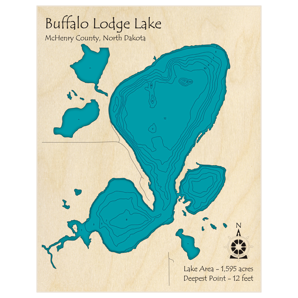 Bathymetric topo map of Buffalo Lodge Lake with roads, towns and depths noted in blue water
