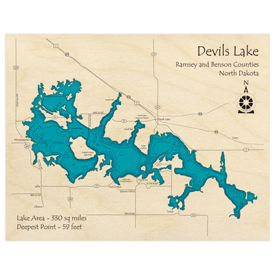 Bathymetric topo map of Devils Lake with roads, towns and depths noted in blue water