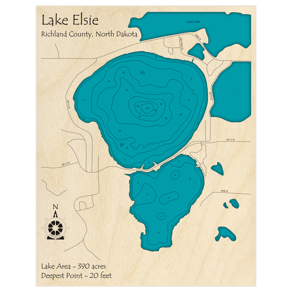 Bathymetric topo map of Lake Elsie with roads, towns and depths noted in blue water