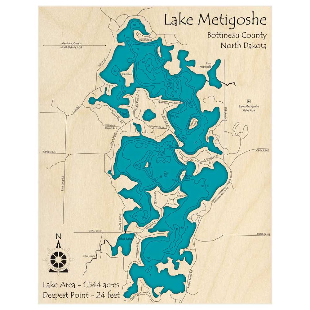 Bathymetric topo map of Lake Metigoshe with roads, towns and depths noted in blue water