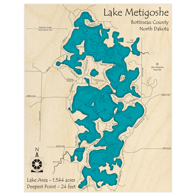 Bathymetric topo map of Lake Metigoshe with roads, towns and depths noted in blue water