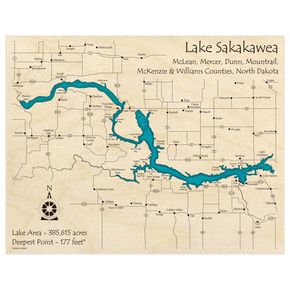 Bathymetric topo map of Lake Sakakawea (From Cole Harbor to Williston) with roads, towns and depths noted in blue water