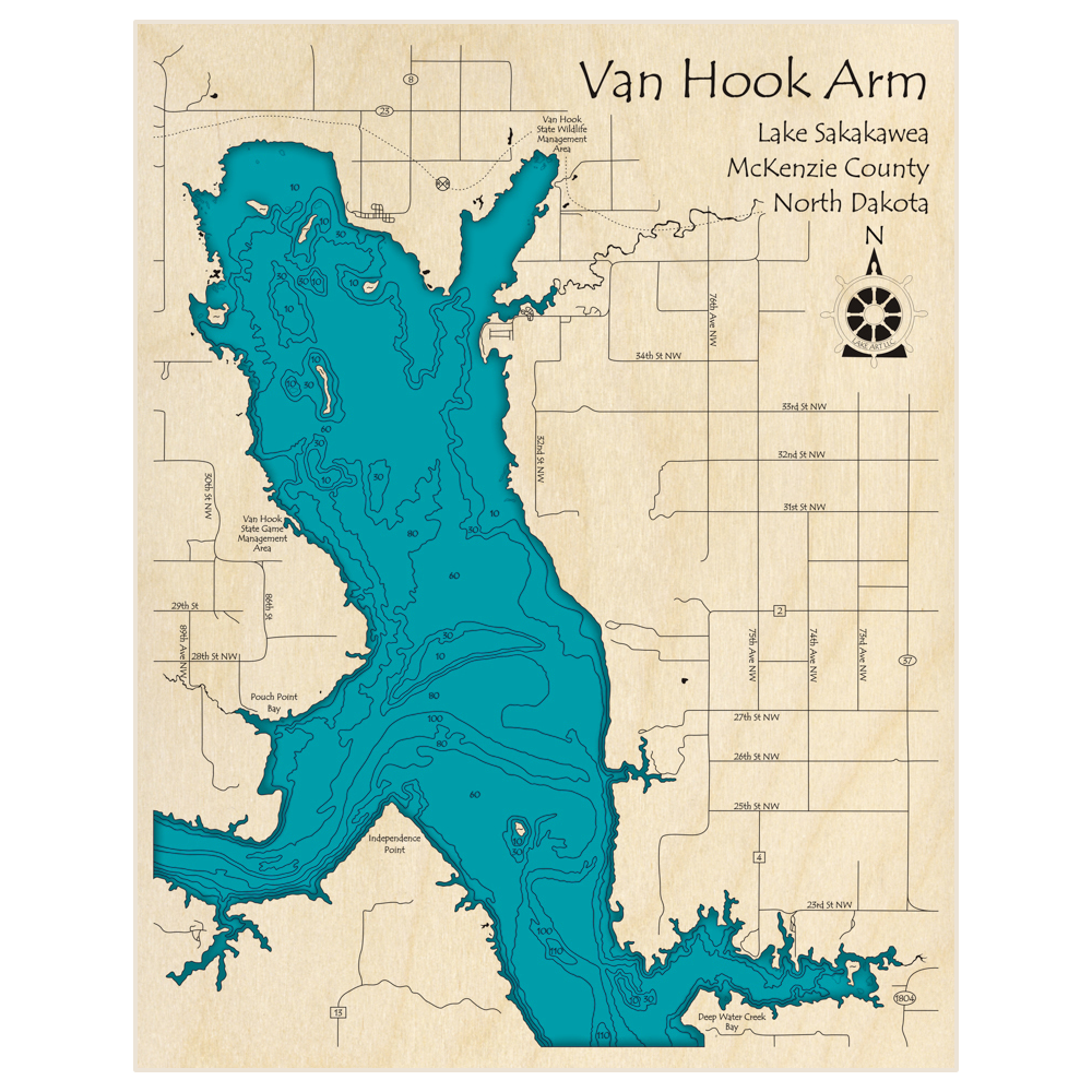 Bathymetric topo map of Van Hook Arm of Lake Sakakawea with roads, towns and depths noted in blue water