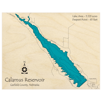 Bathymetric topo map of Calamus Reservoir with roads, towns and depths noted in blue water