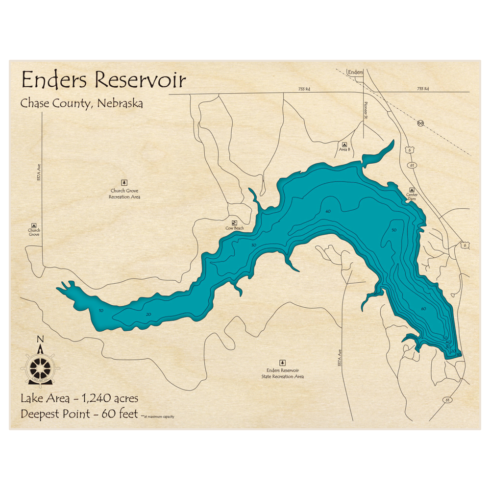 Bathymetric topo map of Enders Reservoir with roads, towns and depths noted in blue water