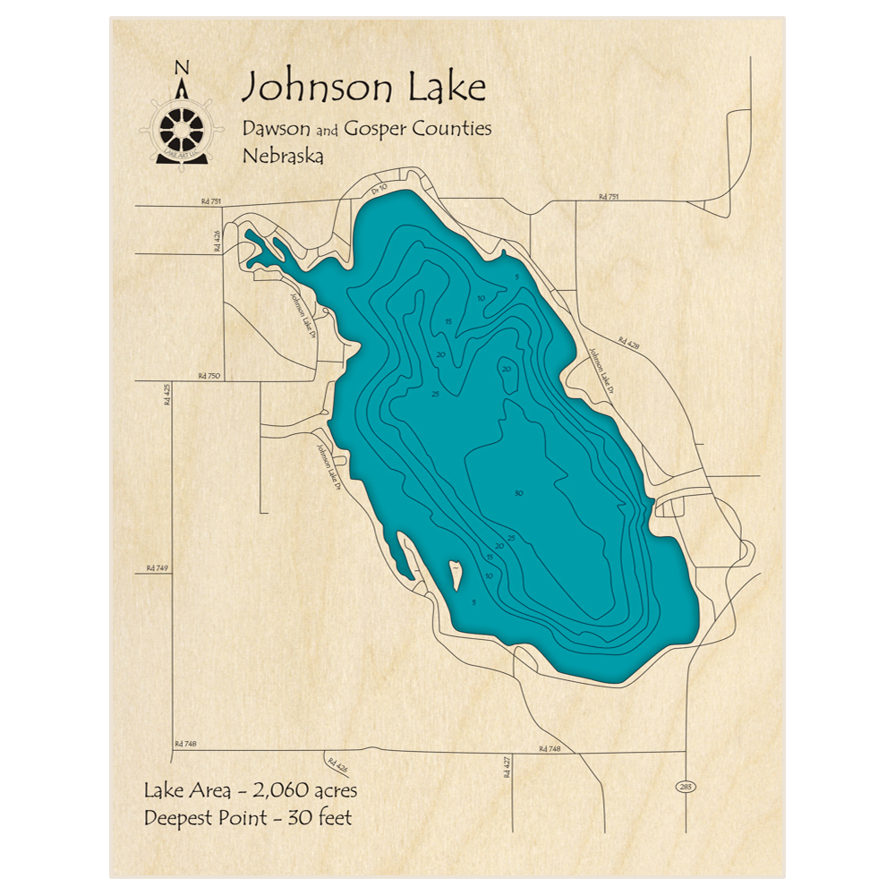 Bathymetric topo map of Johnson Lake  with roads, towns and depths noted in blue water