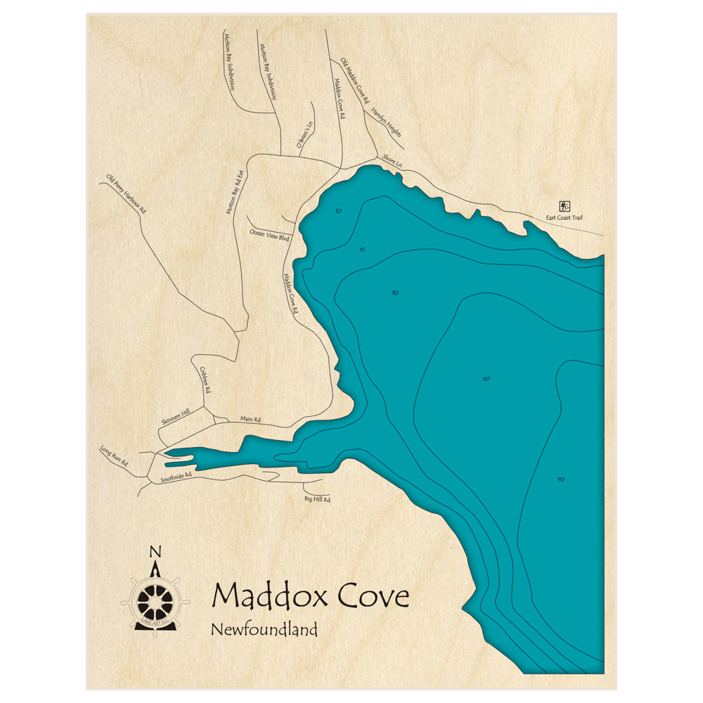 Bathymetric topo map of Maddox Cove with roads, towns and depths noted in blue water