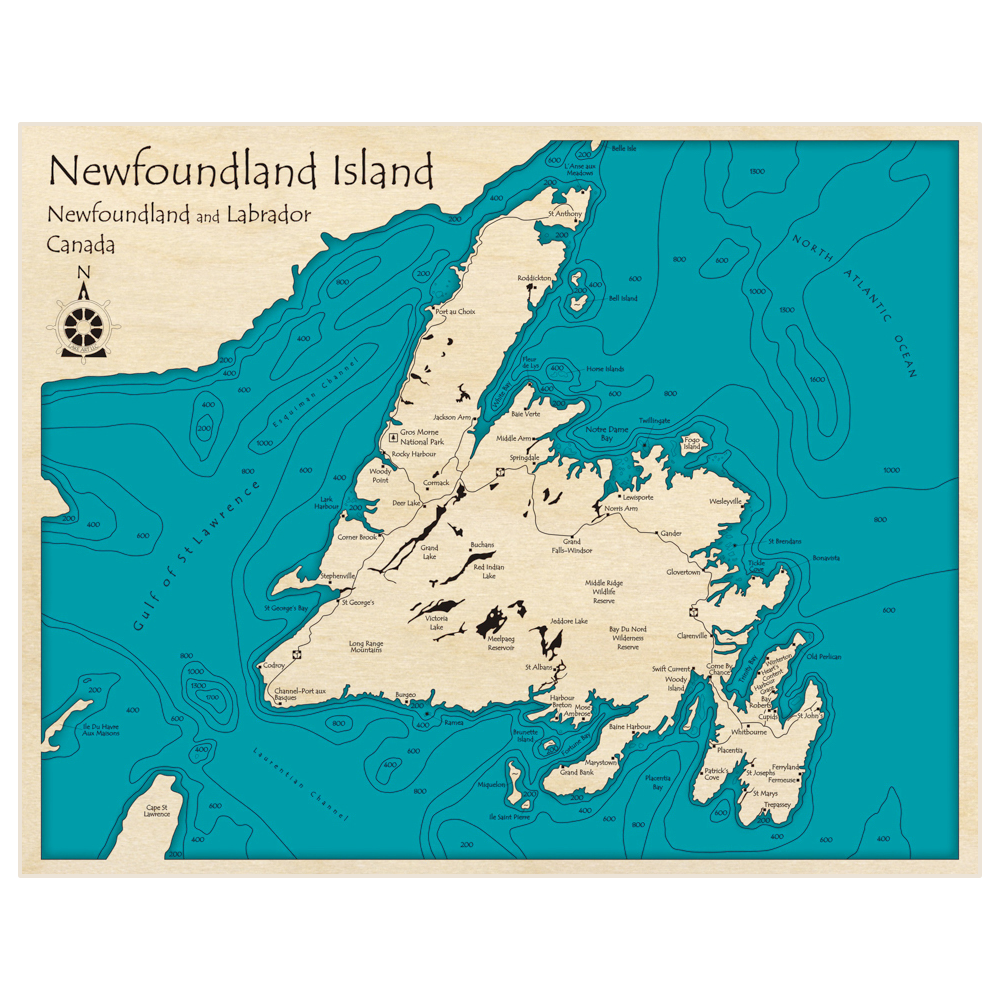 Bathymetric topo map of Newfoundland Island (in Feet) with roads, towns and depths noted in blue water