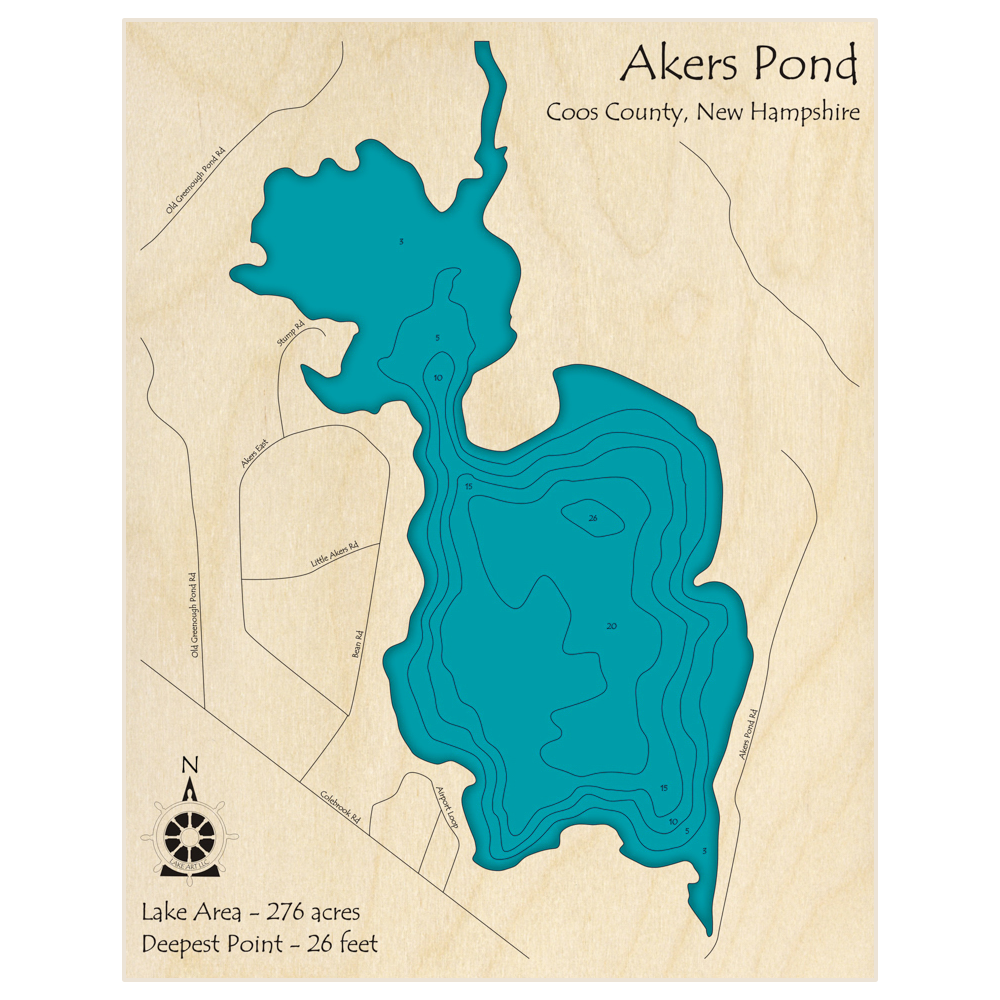 Bathymetric topo map of Akers Pond with roads, towns and depths noted in blue water