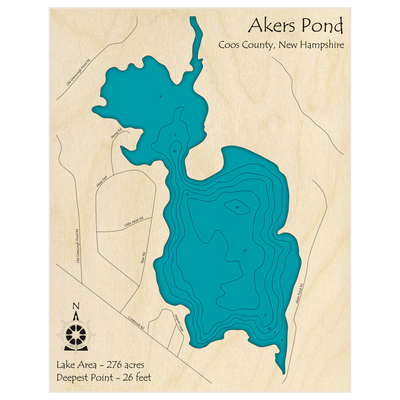 Bathymetric topo map of Akers Pond with roads, towns and depths noted in blue water