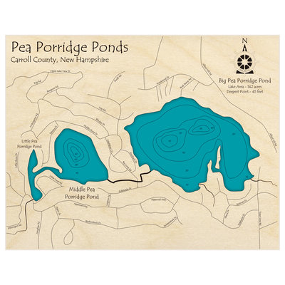 Bathymetric topo map of Pea Porridge Ponds (All Three Ponds) with roads, towns and depths noted in blue water