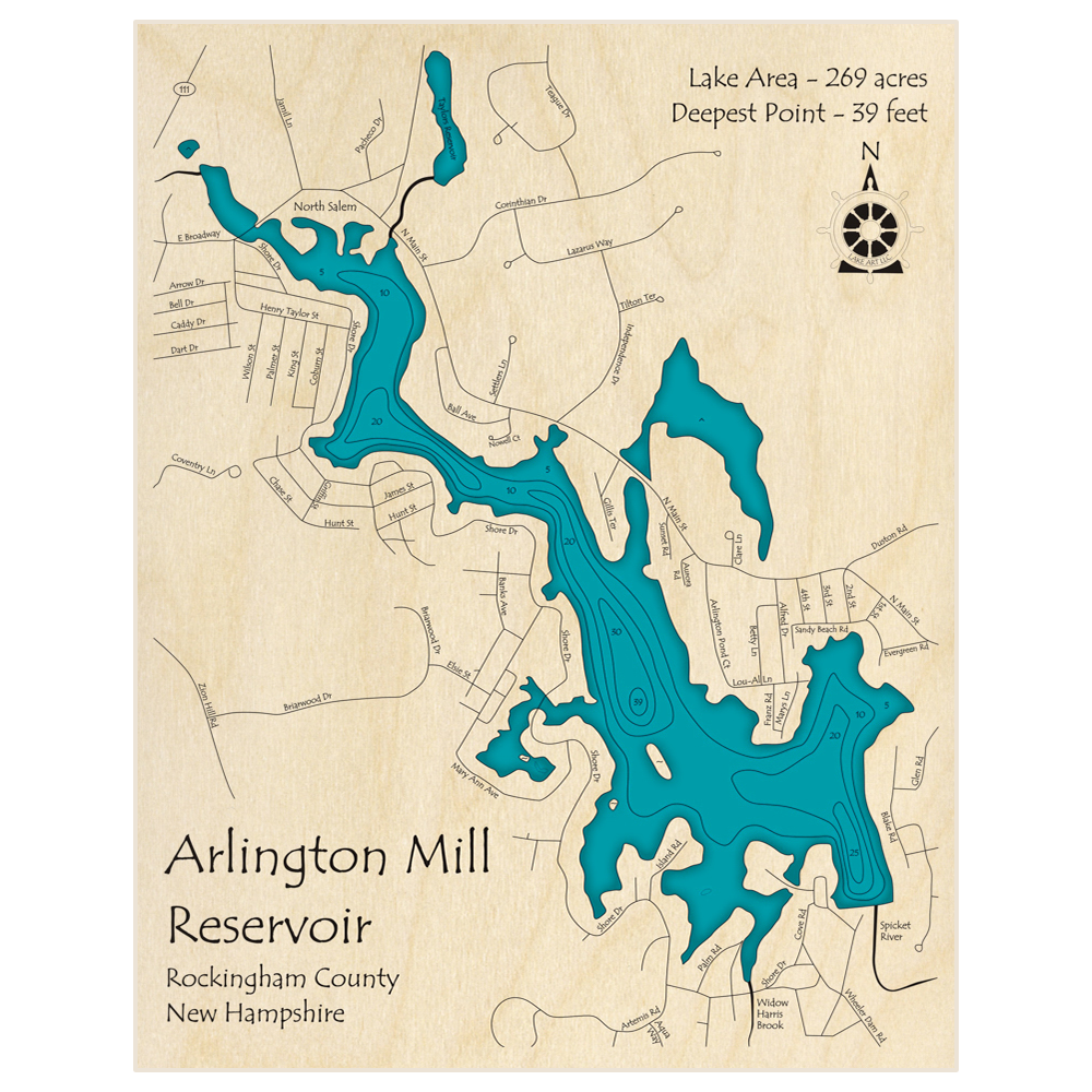 Bathymetric topo map of Arlington Mill Reservoir with roads, towns and depths noted in blue water