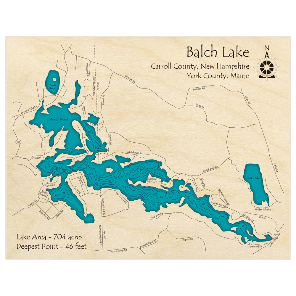 Bathymetric topo map of Balch Lake with roads, towns and depths noted in blue water
