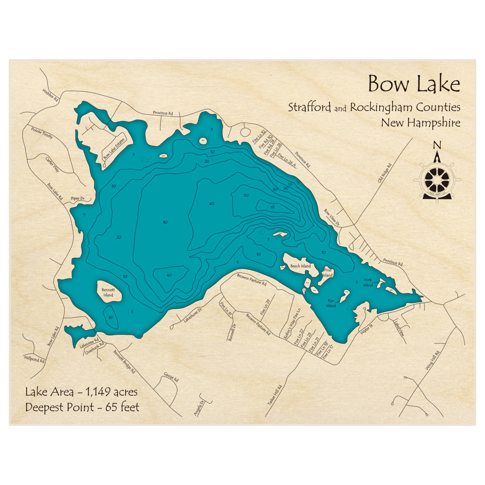 Bathymetric topo map of Bow Lake with roads, towns and depths noted in blue water