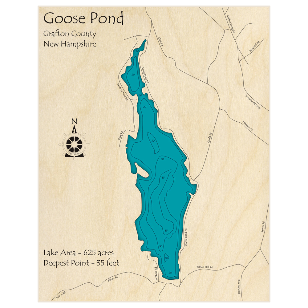 Bathymetric topo map of Goose Pond with roads, towns and depths noted in blue water