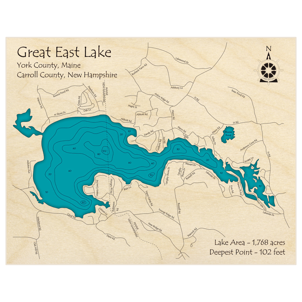 Bathymetric topo map of Great East Lake with roads, towns and depths noted in blue water