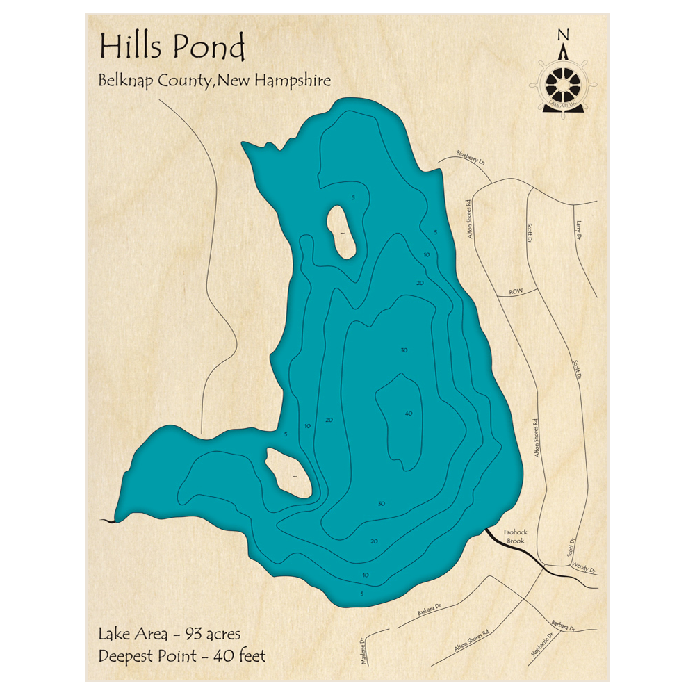 Bathymetric topo map of Hills Pond with roads, towns and depths noted in blue water