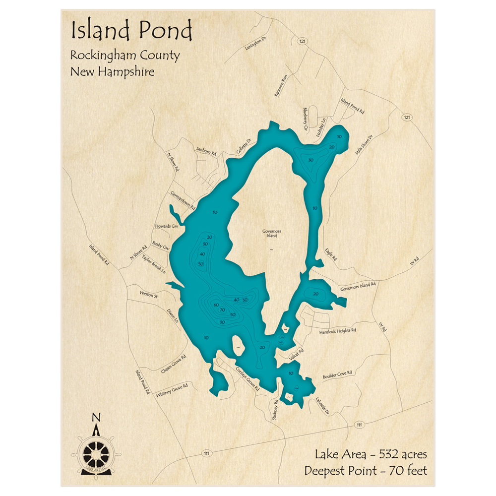 Bathymetric topo map of Island Pond with roads, towns and depths noted in blue water