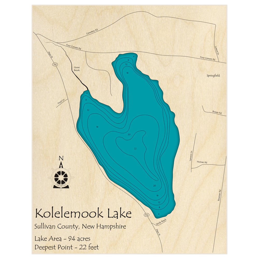 Bathymetric topo map of Kolelemook Lake with roads, towns and depths noted in blue water