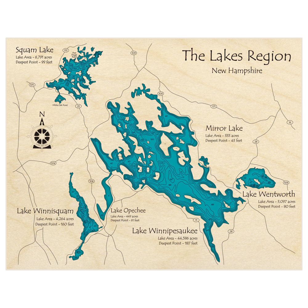Bathymetric topo map of Lakes Region (Zoomed In) (Squam Mirror Wentworth Winnisquam Winnipesaukee) with roads, towns and depths noted in blue water