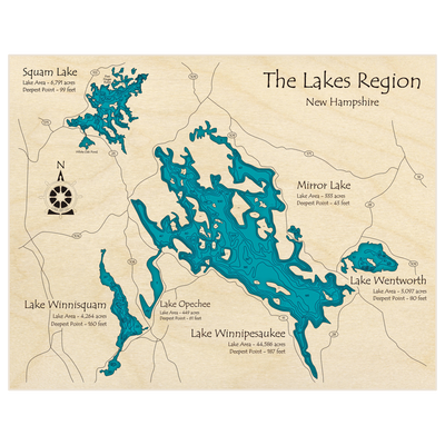 Bathymetric topo map of Lakes Region (Zoomed In) (Squam Mirror Wentworth Winnisquam Winnipesaukee) with roads, towns and depths noted in blue water