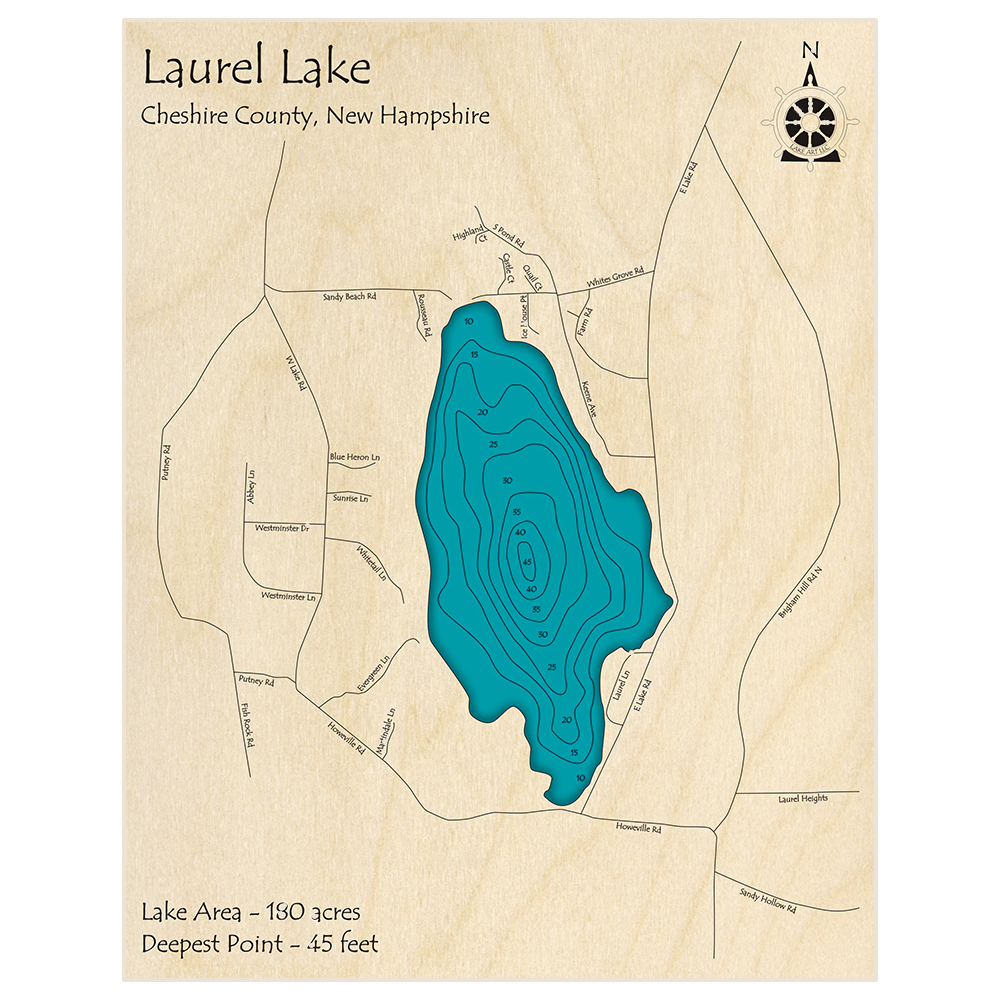 Bathymetric topo map of Laurel Lake with roads, towns and depths noted in blue water