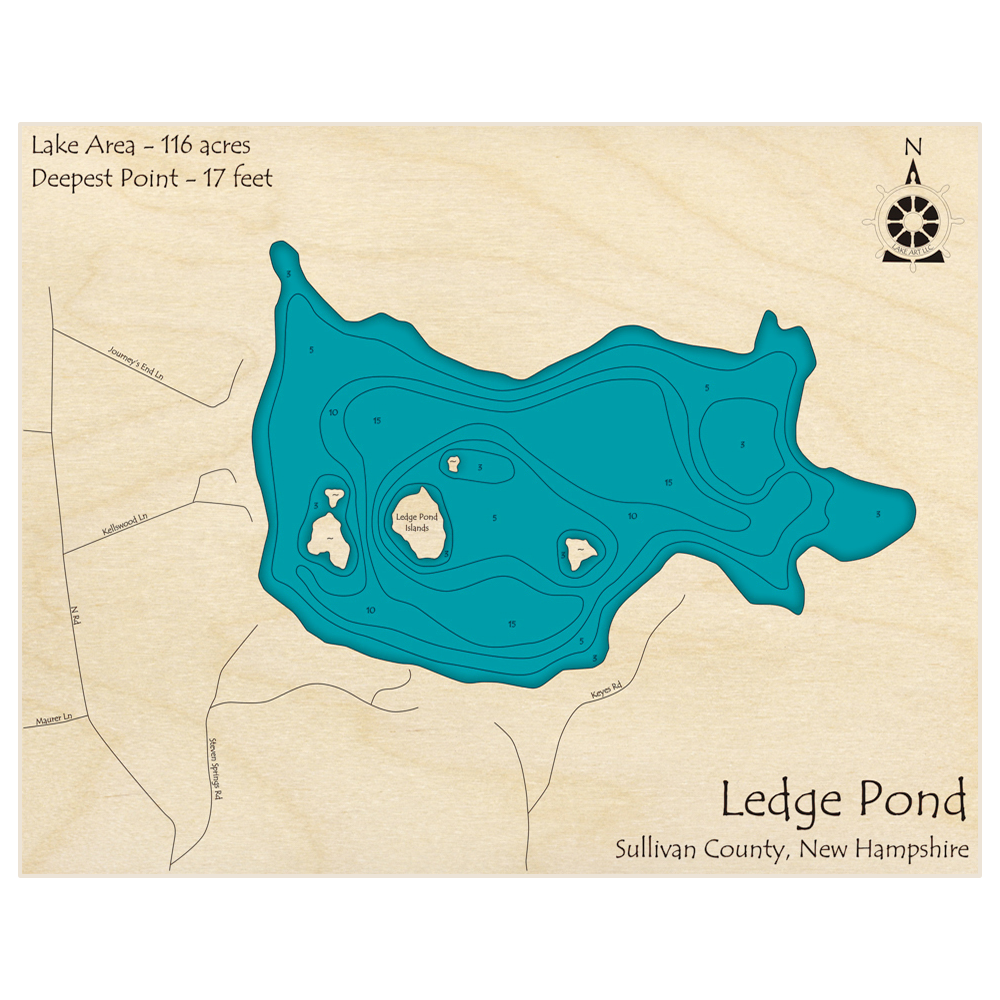 Bathymetric topo map of Ledge Pond with roads, towns and depths noted in blue water